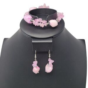 Natural Gem 2pc Set Pink Quartz Drop Earrings Pierced Bracelet Love Healing Gift